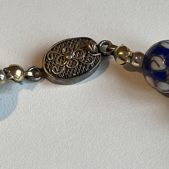 Vintage Cobalt Floral Millefiori Venetian Glass Bead Necklace Murano Vibes 17" - Picture 5 of 6